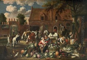 Les Eplucheuses De Legumes Dans Une Cour De Ferme by Matheus van Helmont