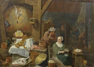 A Kitchen Interior With A Woman Peeling Vegetables