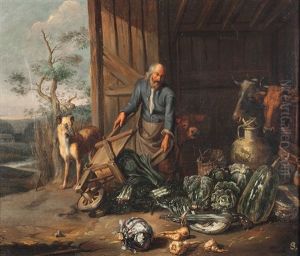 Scheuneneinfahrt Mit Bauer Beim Entladen Von Gemuse by Matheus van Helmont