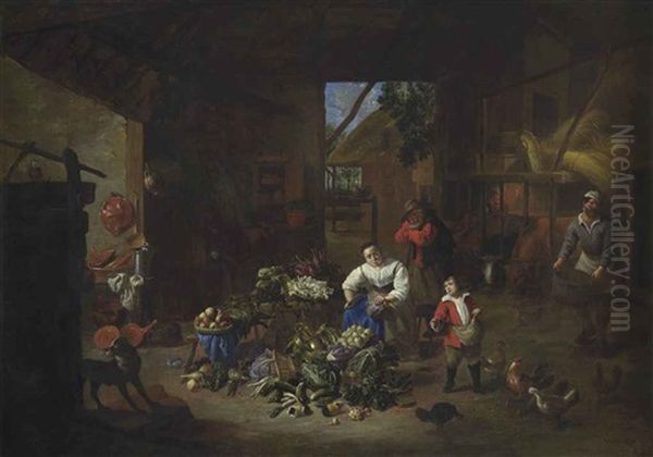 A Woman Selling Vegetables In A Barn With A Boy Feeding Chickens - view 1