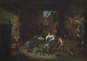 A Woman Selling Vegetables In A Barn With A Boy Feeding Chickens by Matheus van Helmont