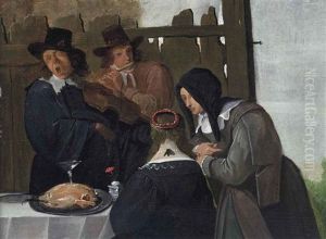 Musicians Serenading A Young Lady, With A Maidservant At A Dining Table by Matheus van Helmont