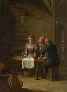 Scene D'interieur D'auberge Avec Deux Paysans Et Une Jeune Femme by Matheus van Helmont