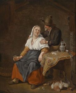 Wirtshausszene Mit Karessierendem Paar by Matheus van Helmont