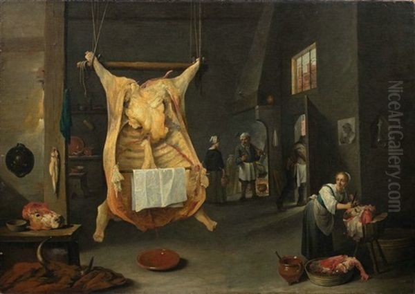 Helmont_mattheus Van Metzgerei Mit Geschlachtetem Ochsen. Links Der Bildmitte Hangt Ein Riesiger Ausgeweideter Ochse Von Der Decke Herab, Rechts Davon Eine Magd Bei Der Arbeit - view 1