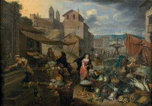 Scene De Marche Sur Une Place De Village by Matheus van Helmont