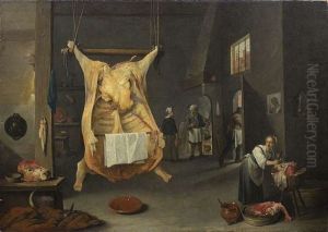Metzgerei Mit Geschlachtetem Ochsen. Links Der Bildmitte Hangt Ein Riesiger Ausgeweideter Ochse Von Der Decke Herab, Rechts Davon Eine Magd Bei Der Arbeit by Matheus van Helmont