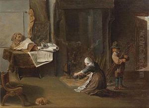 A Maid Stoking A Fire With A Boy Holding Firewood, In An Interior With A Table Laden With Sculpture And Manuscripts