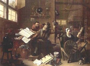 An Interior Scene With An Alchemist And His Assistant, Together With A Woman Behind A Spinning Wheel And A Cat by Matheus van Helmont
