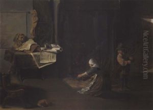 Ein Junger Mann Und Einer Frau Entzunden Feuer Im Kamin Im Studio Eines Kunstlers by Matheus van Helmont
