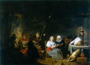 An Interior Scene With Two Ladies At Their Devotions Amidst A Witch's Sabbath by Matheus van Helmont