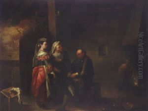 An Interior With A Procuress Presenting A Young Lady To An Old Man, A Boor Warming Himself Beside A Fire