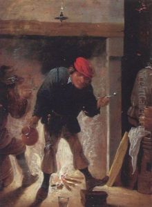 Vor Kamin Stehender Bauer Mit Pfeife Und Krug by Matheus van Helmont