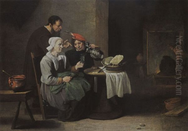 A Peasant Woman And A Young Man Eating And Drinking At A Table With A Man Standing Behind - view 1