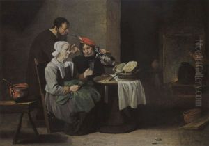 A Peasant Woman And A Young Man Eating And Drinking At A Table With A Man Standing Behind by Matheus van Helmont