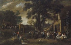 Zechende Und Musizierende Bauern Auf Einem Dorfplatz Mit Ausblick In Eine Flamische Landschaft