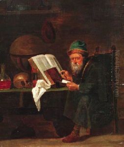Gelehrter In Seinem Studierzimmer Mit Globus Und Totenschadel