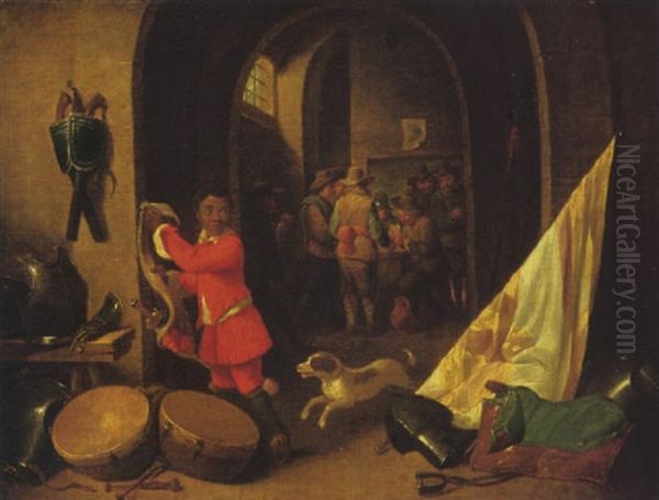 A Page Hanging Up A Sword And Belt With Soldiers Playing Cards In The Background - view 1