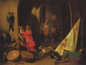 A Page Hanging Up A Sword And Belt With Soldiers Playing Cards In The Background by Matheus van Helmont