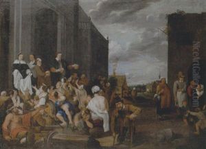 A Lady And Gentleman Distributing Alms To The Poor by Matheus van Helmont