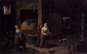 A Stable Interior With A Woman Scouring A Kettle, An Amorous Couple, Cows , Chickens And A Dog