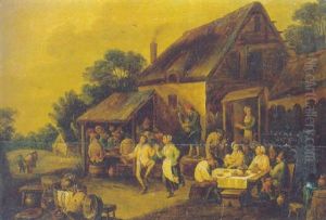 Danza Di Contadini In Un Convivio Presso Un Casolare Rustico by Matheus van Helmont