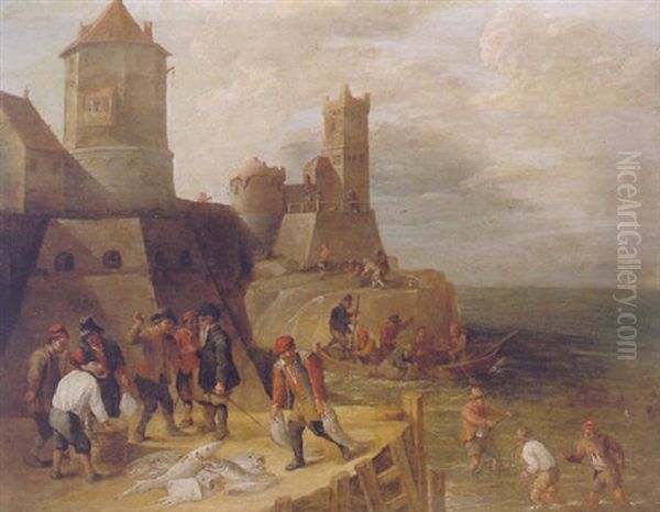 Fishermen Taking In Their Catch And Bartering With Merchants On A Quayside, Numerous Other Figures And Fortifications Beyond - view 1