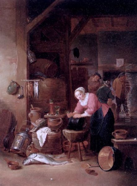 Interior Of A Tavern With A Woman Cleaning A Cauldron, Three Boers Drinking In Front Of An Open Fire Beyond - view 1
