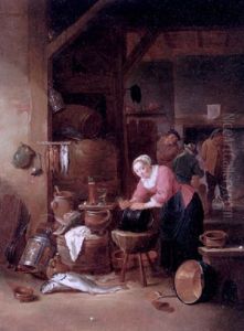 Interior Of A Tavern With A Woman Cleaning A Cauldron, Three Boers Drinking In Front Of An Open Fire Beyond
