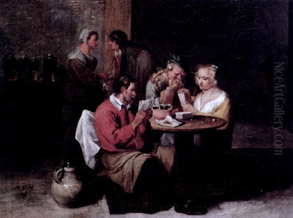 The Interior Of A Tavern With Figures Seated Around A Table Playing Cards - view 1