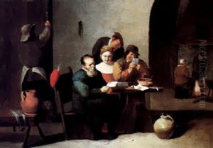 A Tavern Interior With Figures Seated Round A Table, Other Figures By A Fireplace Beyond by Matheus van Helmont