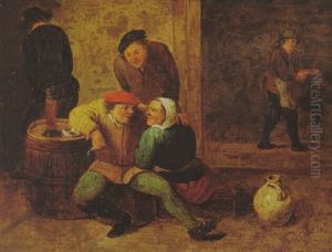 Liebespaar Und Bauern In Einem Wirtshaus by Matheus van Helmont