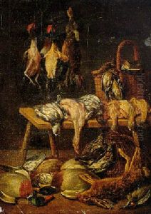 A Larder Still Life With Rabbits And Fowl