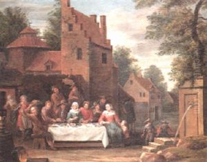 A Wedding Feast Outside A Country Manor House by Matheus van Helmont