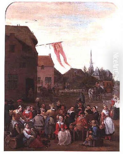 Villagers Feasting At A Table Outside A Village Inn, A Horse-drawn Wagon Approaching Beyond - view 1