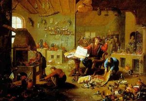 An Alchemist With Assistants In A Laboratory