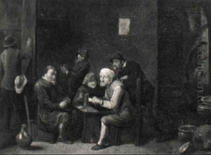 Topers Playing Cards In A Tavern Interior by Matheus van Helmont
