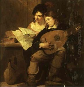 Young Man Playing A Lute With A Lady Reading Music by Matheus van Helmont