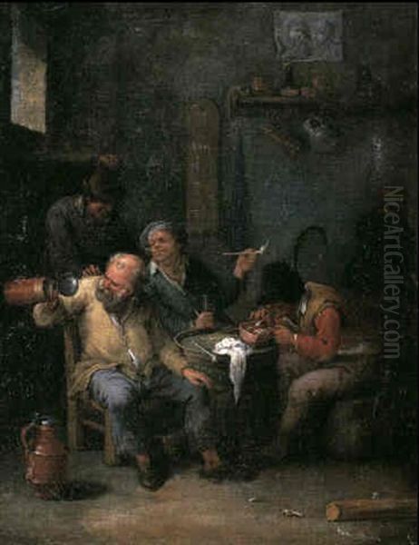 An Interior With Three Seated Peasants Smoking And Drinking Around A Barrel With A Fellow Standing Beneath A Window - view 1