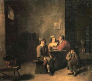 An Interior Of A Tavern With An Amorous Couple Seated At A  Table With Another Companion And A Hurdy-gurdy Player, by Matheus van Helmont