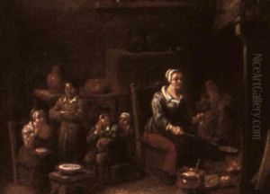 Kitchen Scene With Woman Cooking, Surrounded By Children