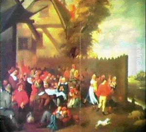 Lustige Bauerngesellschaft Vor Einem Wirtshaus by Matheus van Helmont