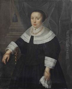 Portrait Of A Lady, Three-quarter Length, In A Black Dress With White Lace Collar And Cuffs And Golden Jewelry, Leaning With Her Right Hand On A Chair And Holding A White Handkerchief In The Other Hand, Standing Before A Column