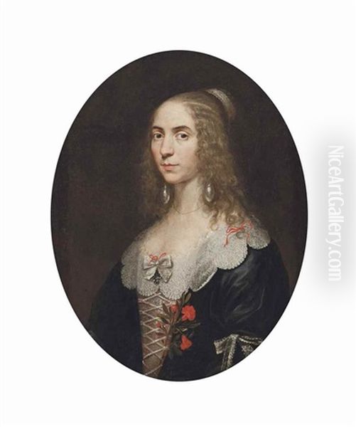 Portrait Of A Lady, Bust-length, In A Black Dress With Red Carnations - view 1