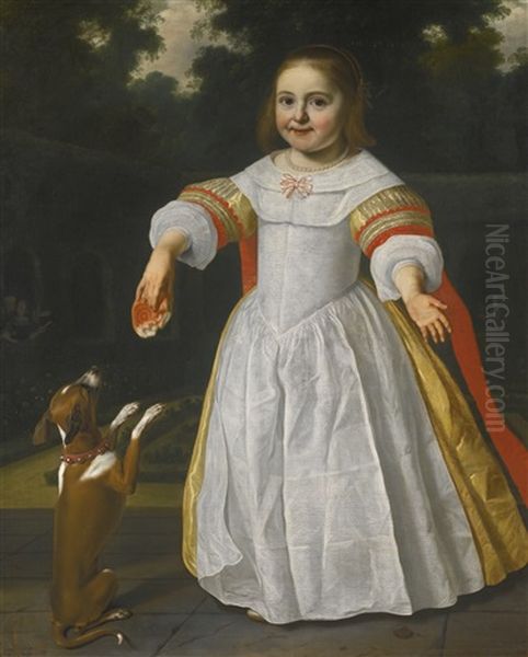 Portrait Of A Girl, Full-length, Holding A Breadbun And Playing With A Dog - view 1