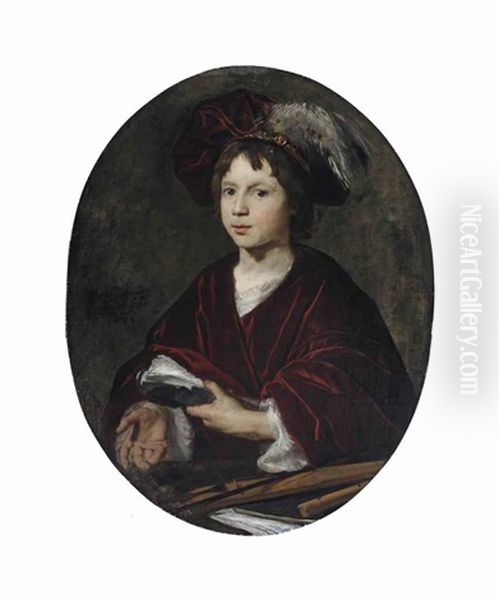 Portrait Of A Young Boy, Half-length, In A White Chemise, Red Velvet Drapery And A Feathered Velvet Beret, A Pochette, A Soprano Recorder And Sheet Music On A Ledge Before Him - view 1