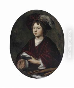 Portrait Of A Young Boy, Half-length, In A White Chemise, Red Velvet Drapery And A Feathered Velvet Beret, A Pochette, A Soprano Recorder And Sheet Music On A Ledge Before Him by Bartholomeus Van Der Helst