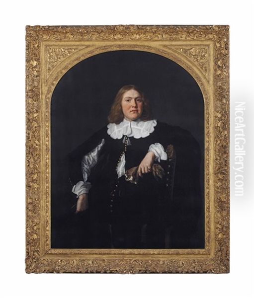Portrait Of A Gentleman, Three-quarter-length, In A Black Coat And Shirt With Lace Collar And Cuffs, Holding Gloves In His Left Hand, Leaning Against A Chair - view 1