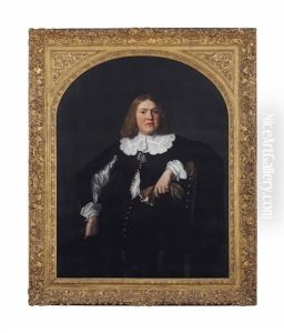 Portrait Of A Gentleman, Three-quarter-length, In A Black Coat And Shirt With Lace Collar And Cuffs, Holding Gloves In His Left Hand, Leaning Against A Chair