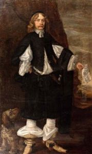 Portrait Of A Gentleman, Possibly Laurence Sverdrup, Full-length, In A Black And White Costume, Holding A Letter In His Left Hand, A Dog At His Feet by Bartholomeus Van Der Helst